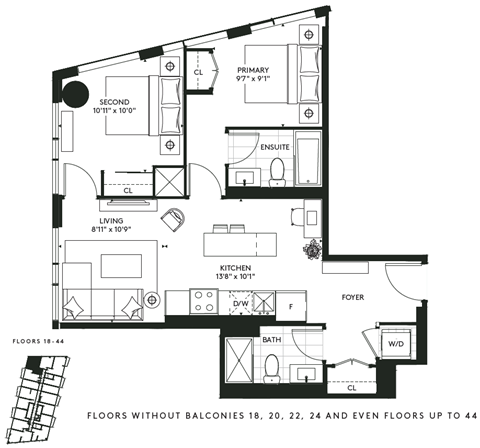Floor plan for 2 beds, 2 baths, 753 sqft